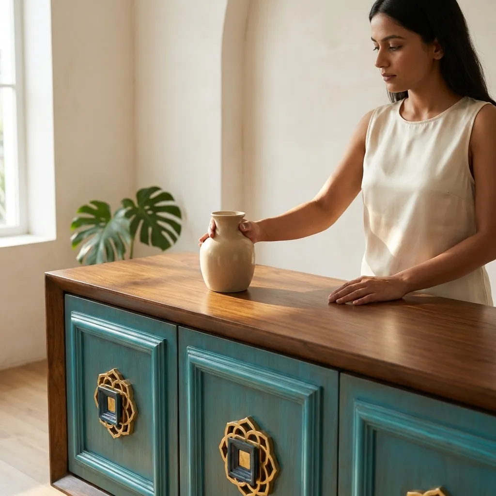 Blue Tanus Teak Sideboard Closeup.webp