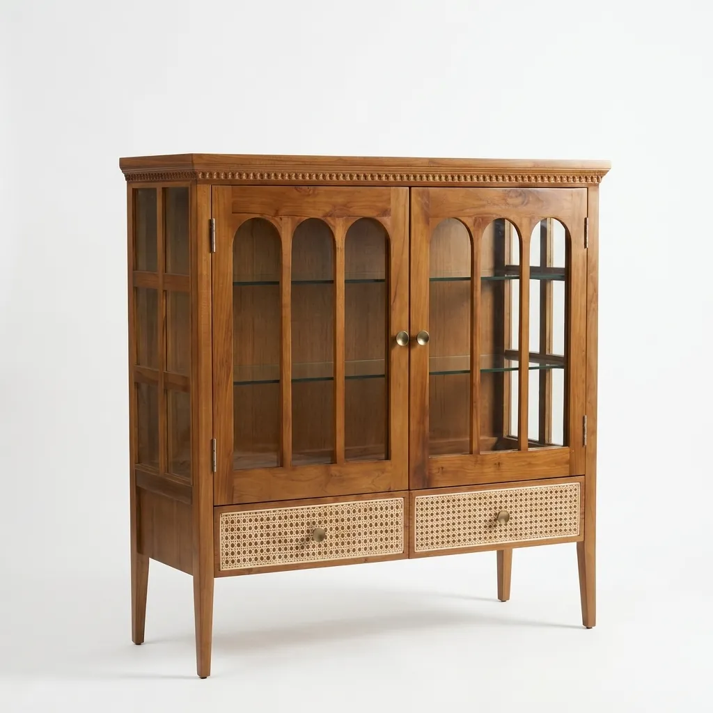 Aravalli Teak Wood Crockery Unit side Angle.webp