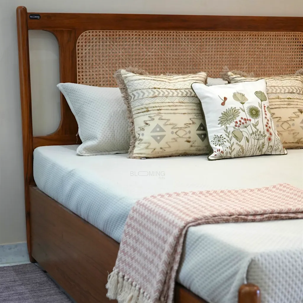 Aravalli Rattan Box Bed in Teak Wood Closeup .webp