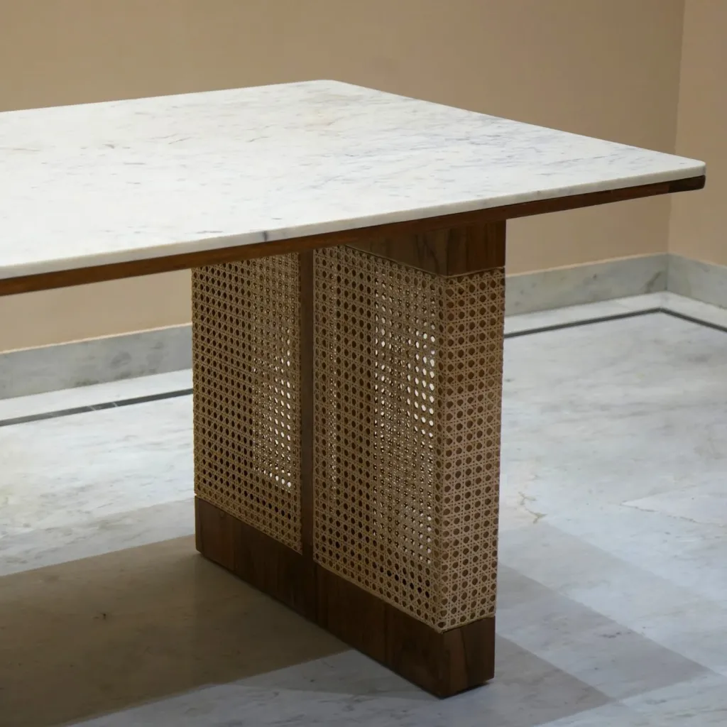 Aravalli Rattan Dining Table in Teak Wood Stone Details .webp