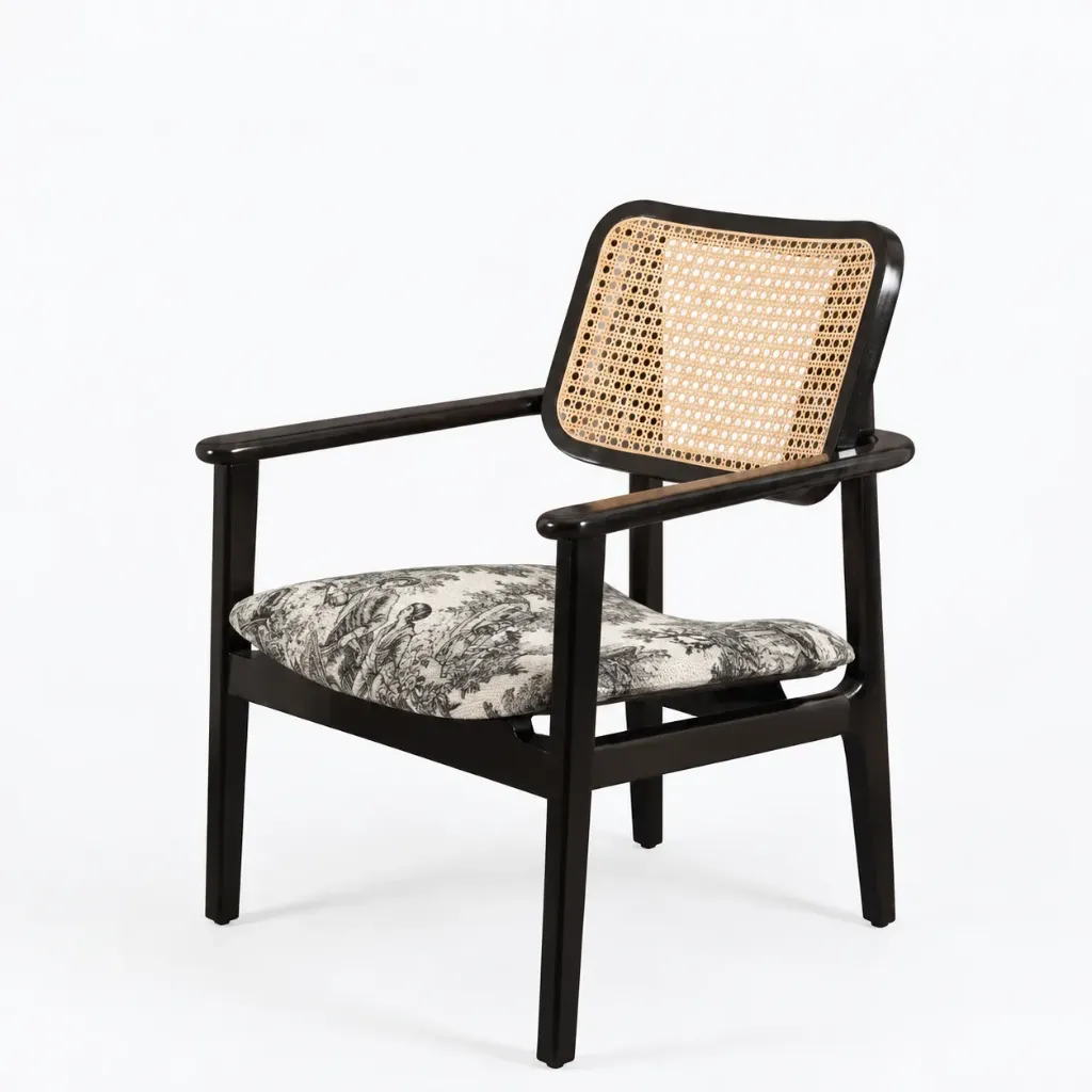 Makalu Rattan Armchair in Teak Wood (Art Bloom, Natural Cane)