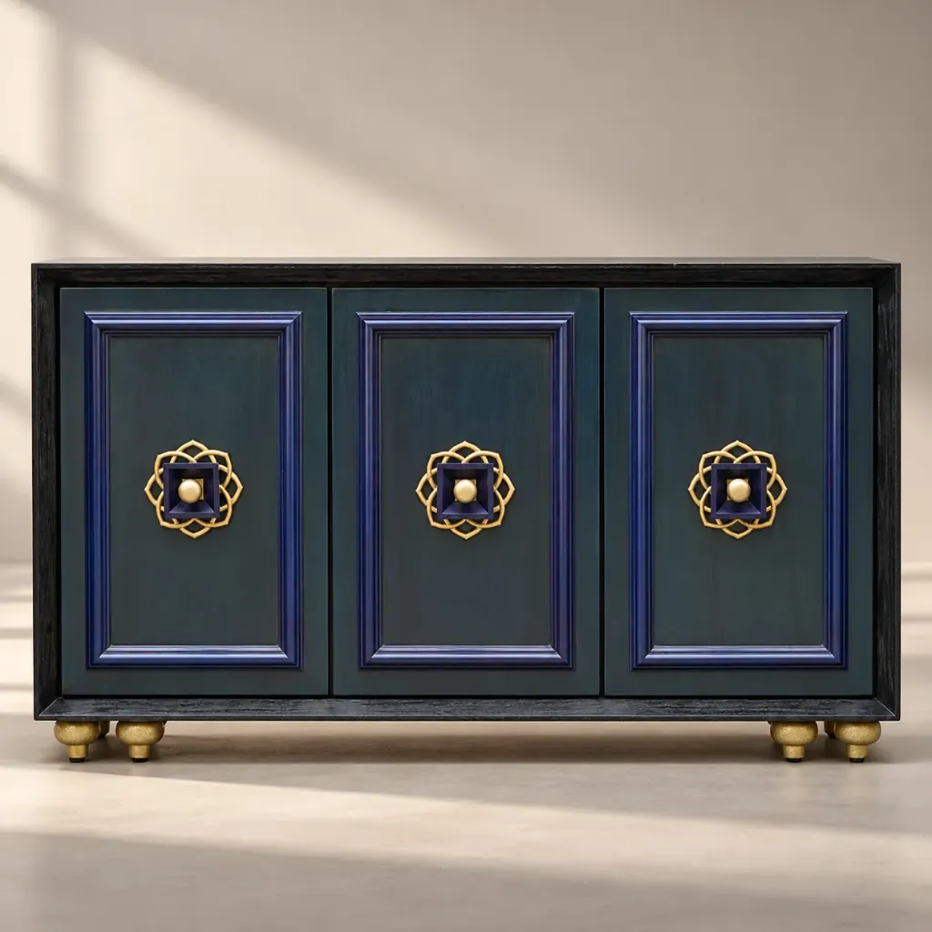 Ornate Teal Three-Door Sideboard in Teak
