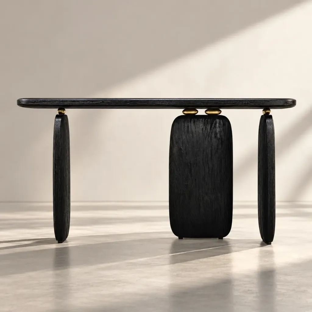 Sculptural Black Teak Console with Brass Accents