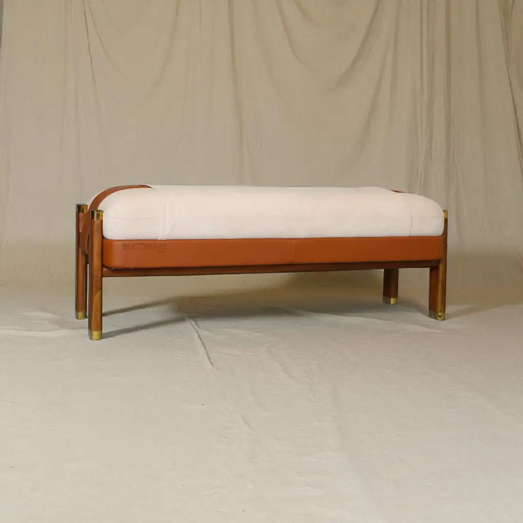 Tufted Upholstered Teak Wood Bench