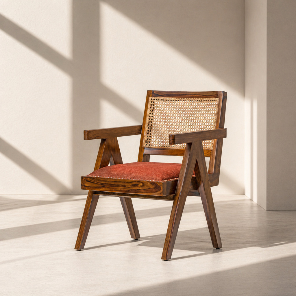 CHANDIGHAR CANE ARMCHAIR IN TEAK